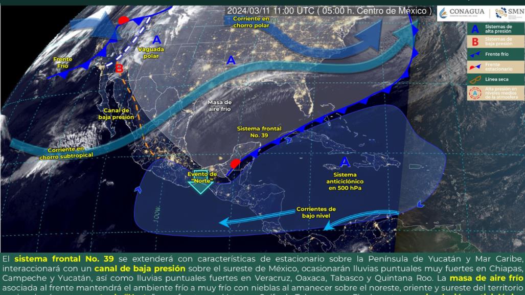 Frente frío #39 ocasiona lluvias a lo largo de México, aunque persiste el calor