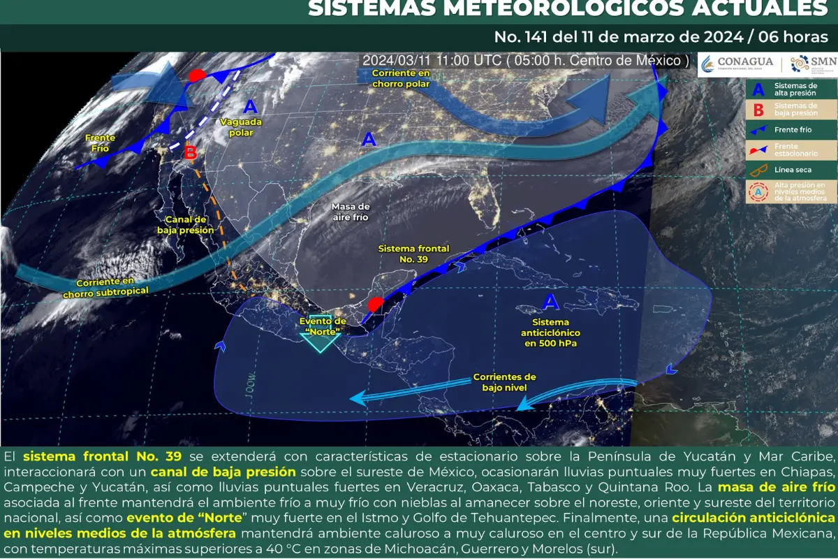 Mapa meteorológico de México del 11 de marzo de 2024. Fuente: Servicio Meteorológico Nacional