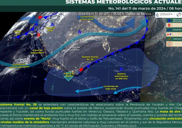 Frente frío #39 ocasiona lluvias a lo largo de México, aunque persiste el calor