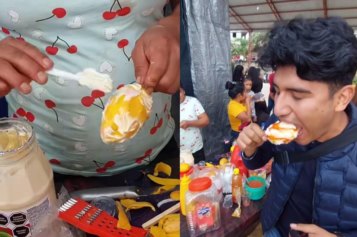 Los mangos preparados con mayonesa, queso rallado y salsa roja picante son una opción para el antojo en  Llano Grande, municipio de Motozintla, Chiapas. Foto: Facebook RRR VLOGS