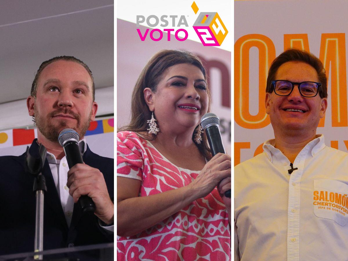 Santiago Taboada Cortina, por la coalición Va X la CDMX; Clara Brugada Molina, representante de la coalición Sigamos haciendo historia; y Salomón Chertorivski Woldenberg, por el partido Movimiento Ciudadano. Foto: Redes de Candidatos