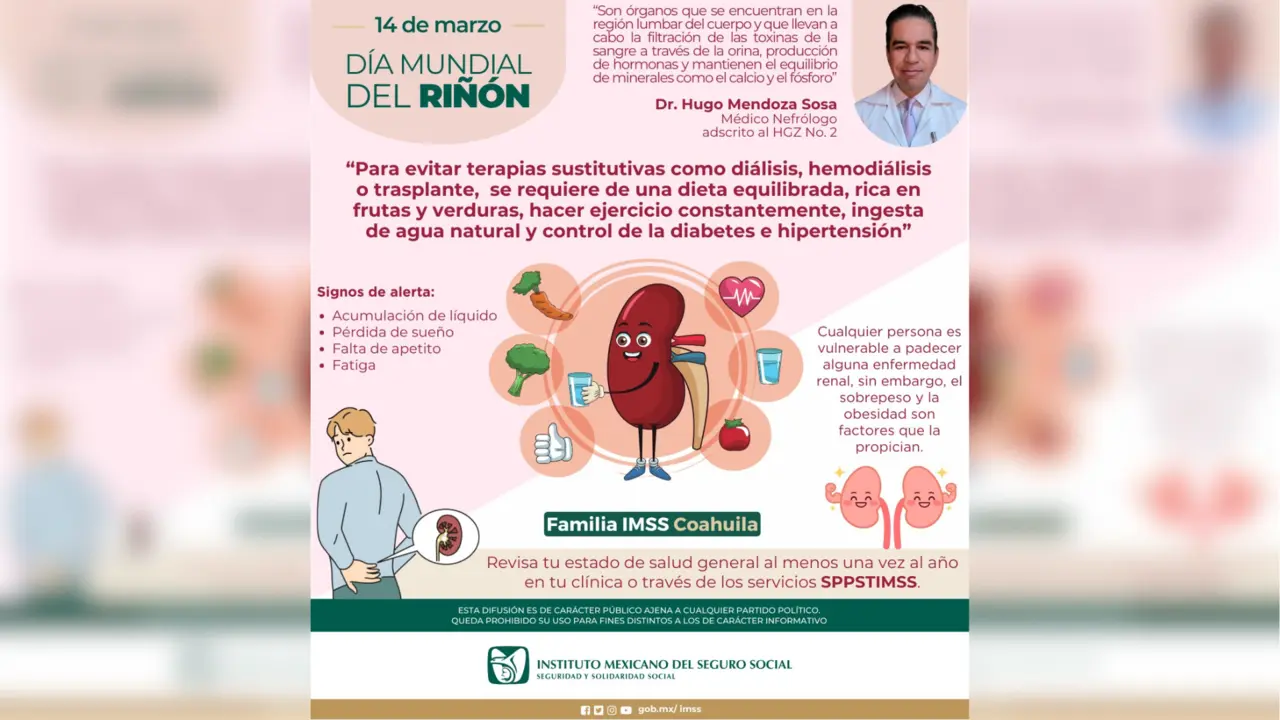 El IMSS refuerza su compromiso con la detección temprana de la ERC y recomienda a la población asistir a las unidades médicas de Primer Nivel para estimar la función renal / Foto: IMSS