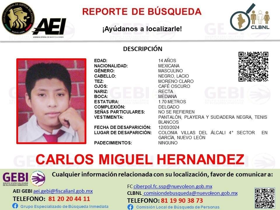 Carlos, de 14 años, mide 1.70 metros, es de complexión delgada, ojos de color café oscuro y tex morena clara. Foto: GEBI.