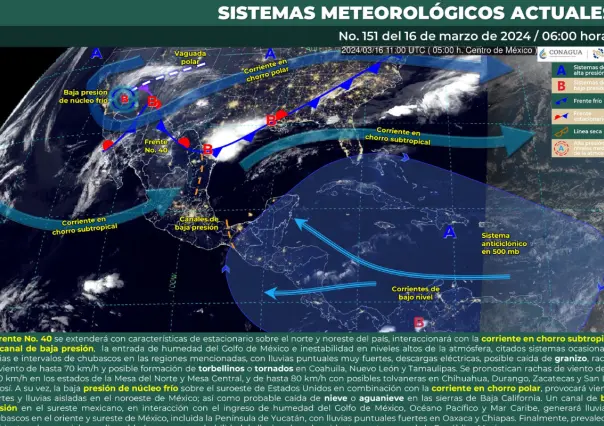 Frente frio 40 se extiende en el norte; persisten lluvias fuertes en México