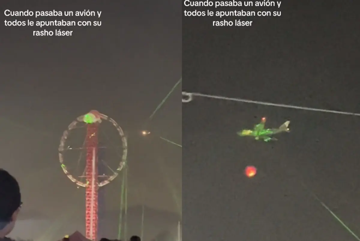 Asistentes a la Feria Internacional de la Pirotecnia de Tultepec apuntaros rayos láser verdes a un avión en pleno vuelo. Foto: TikTok ariaestef1