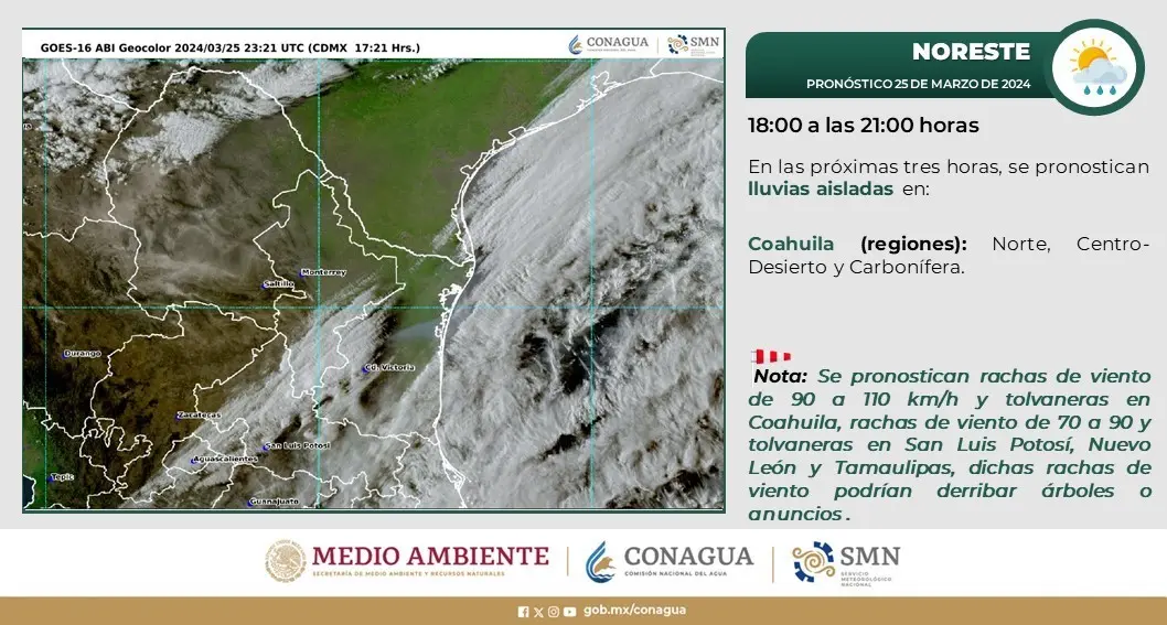 Anuncia Conagua condiciones climáticas adversas en el noreste de México