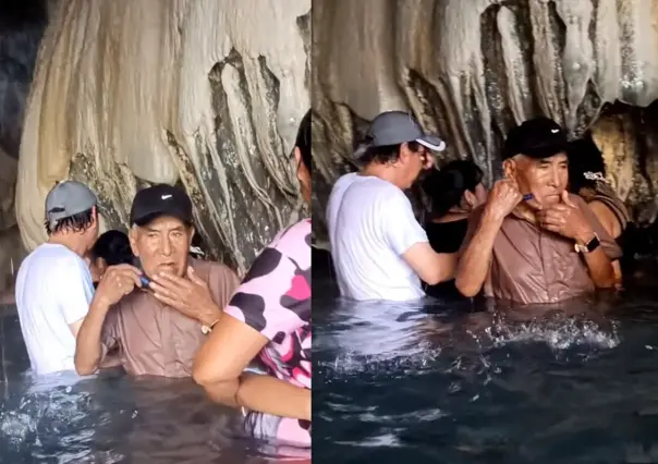 Abuelito se rasura en aguas termales de las Grutas de Tolantongo ¡Le valió!