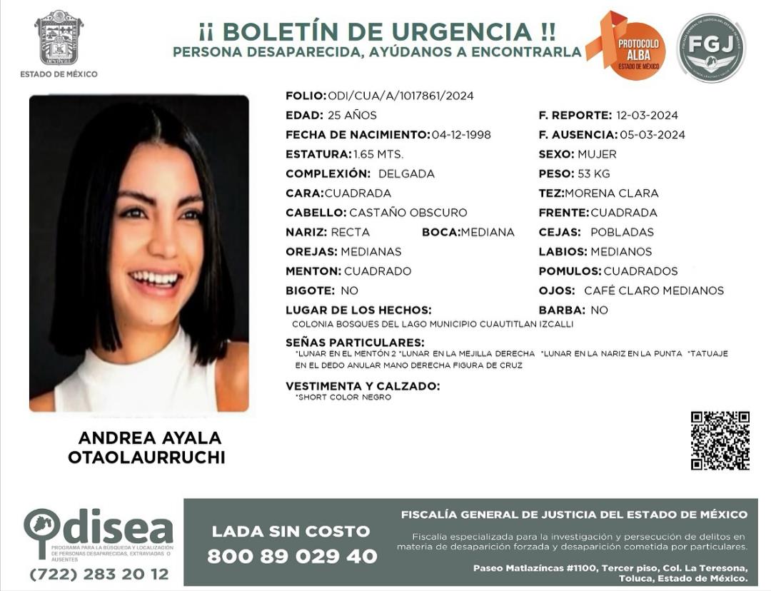 Emiten ficha de búsqueda de Andrea Otaolaurruchi. Imagen: FGJEM