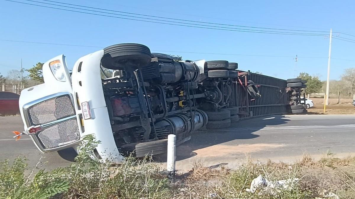 La pesa unidad terminó volcada y obstruyendo la circulación vehicular Foto: Cortesía