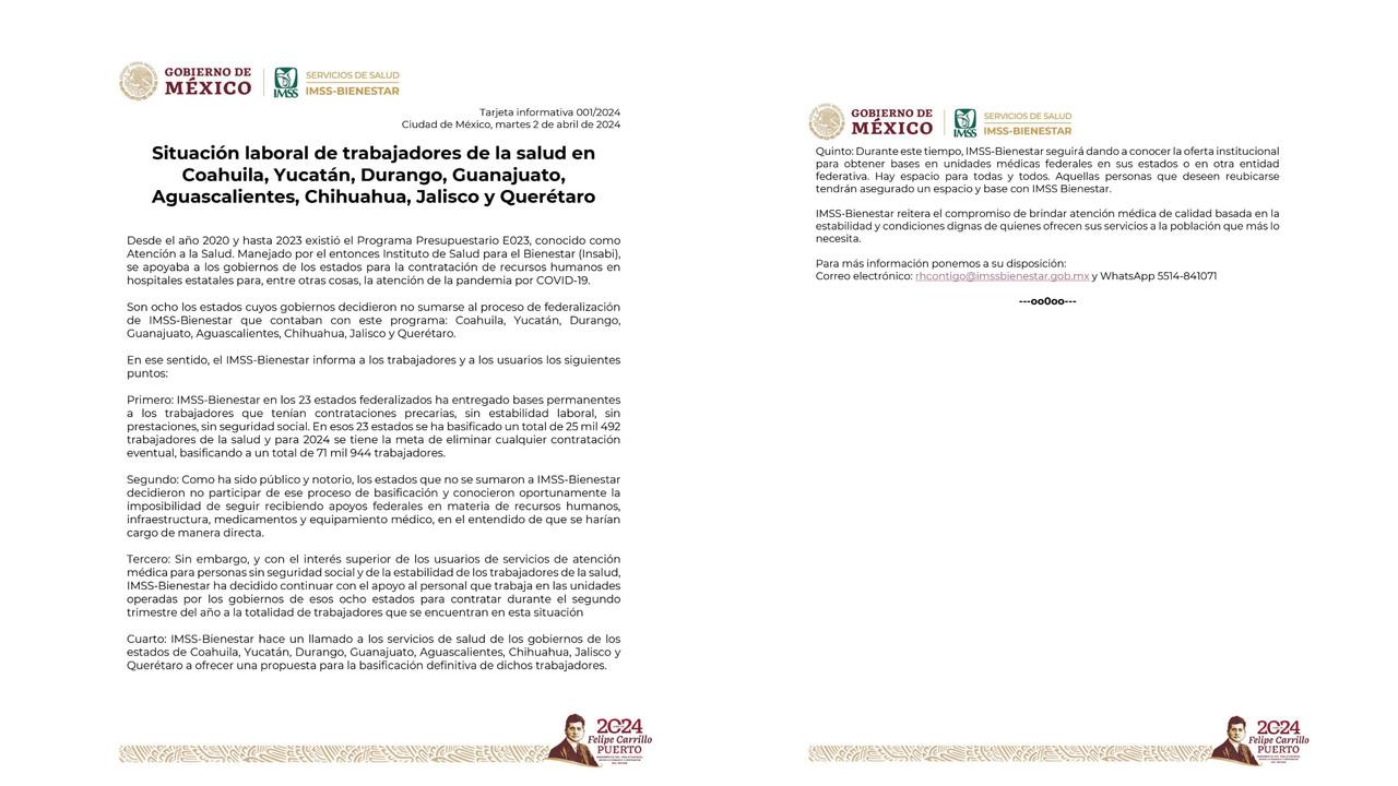 Esto dice IMSS Bienestar sobre despidos a trabajadores de la salud en Durango