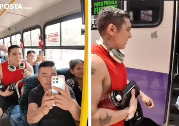 Edwin Luna se sube a un camión morado en Puebla; canta a una pareja
