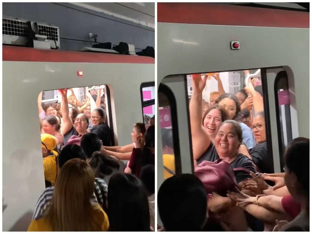 Mujer intenta subir a vagón del metro lleno. Foto: Tiktok.