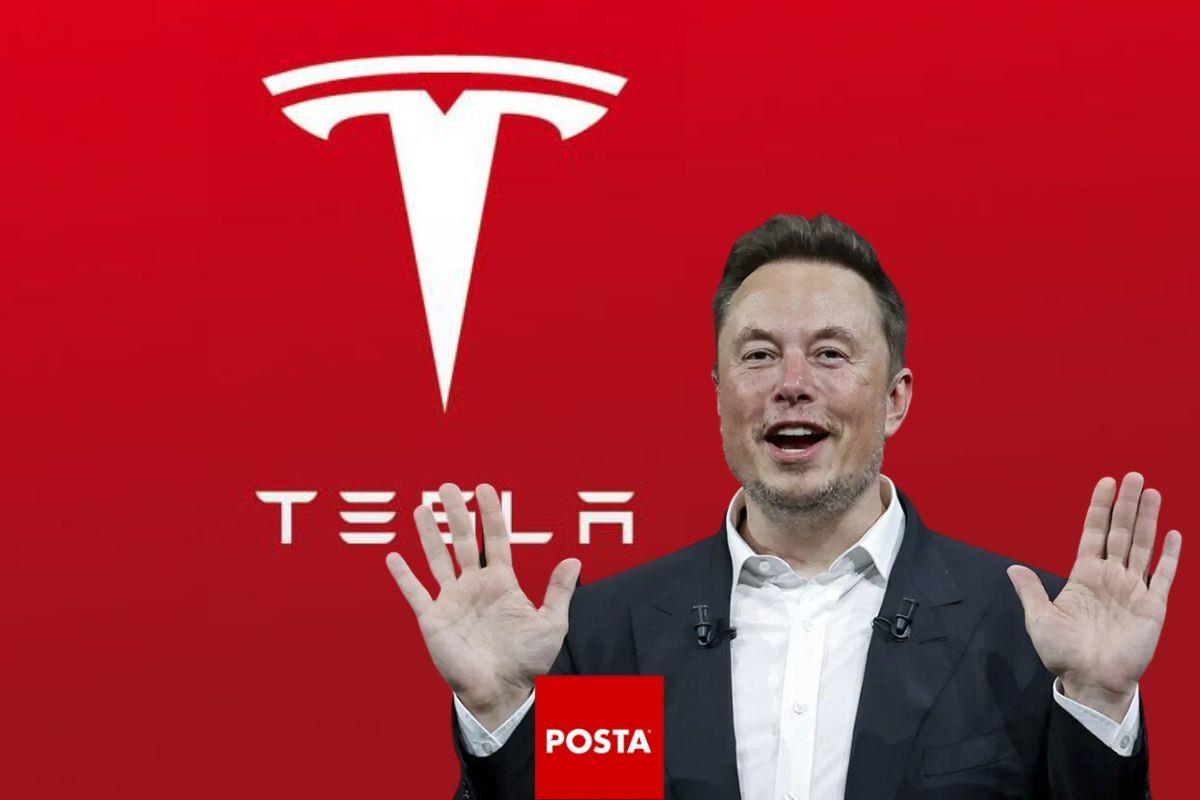 Elon Musk junto al logo de Tesla. Foto: POSTA