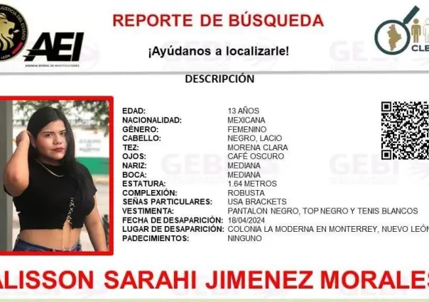 Desaparece Alisson Sarahí Jiménez de 13 años en Monterrey