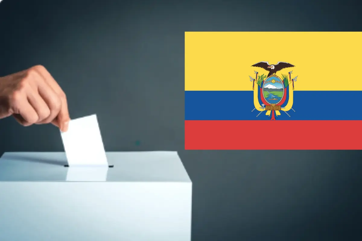 Boleta siendo depositada en urna electoral y bandera de Ecuador. Foto: Especial