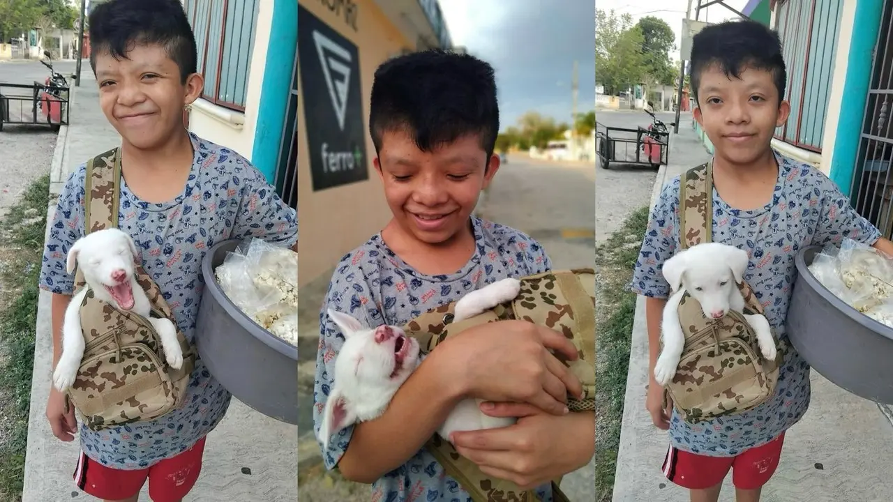 Niño Lalo con su pequeño amigo albino, vendiendo palomitas de maíz. Foto: Crisel Canché