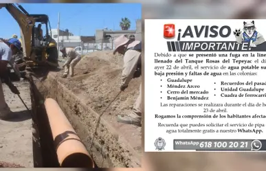 Reparación de fuga dejará sin agua algunos asentamientos este 23 de abril