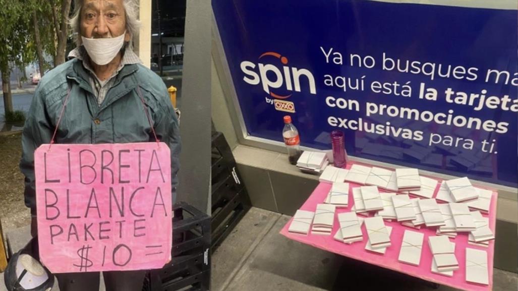 Abuelito vende libretitas para sobrevivir; su esposa está enferma de la columna