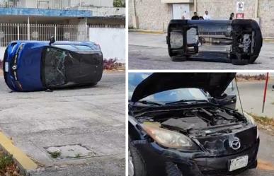 Choque en la Colonia México: Auto Renault volcado por Mazda que no respetó alto