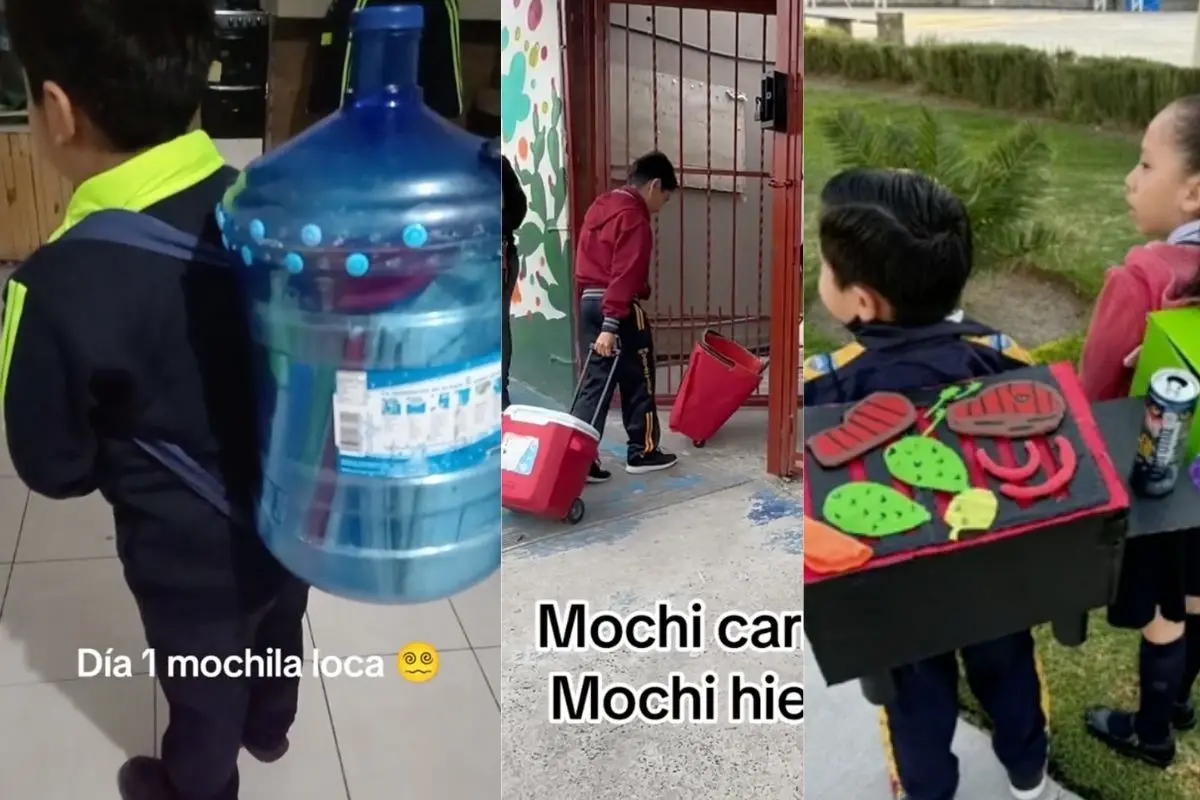 Niños con mochilas locas, una de garrafón, hieleras y asadores. Foto: Especial