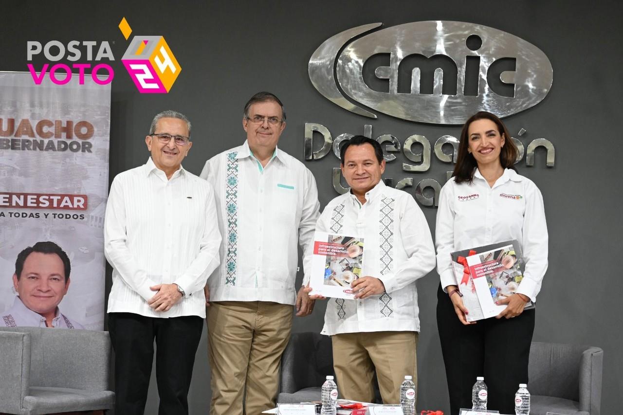 Joaquín Díaz Mena, Marcelo Ebrard Casaubón, Geovanna Campos Vázquez y Raúl Monforte González, en la tercera jornada de “Encuentros con Candidatos 2024”. Foto: Cortesía