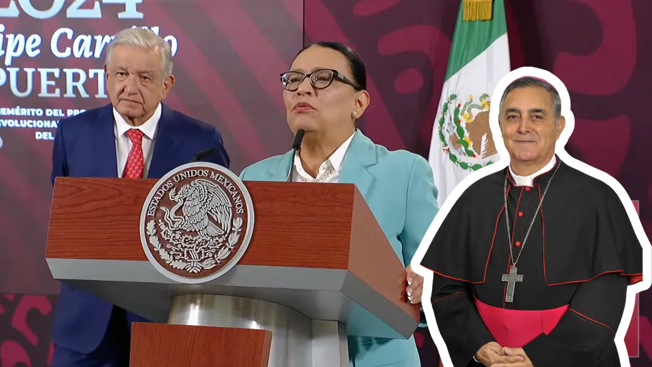 AMLO, Rosa Icela Rodríguez y Obispo Salvador Rangel. Foto: SS de Conferencia / @rthur013