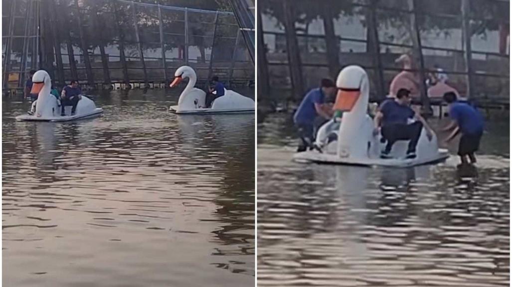 ¿No es hondo? Jóvenes se atascan en bote de lago en Fundidora (VIDEO)