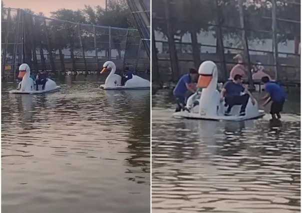 ¿No es hondo? Jóvenes se atascan en bote de lago en Fundidora (VIDEO)