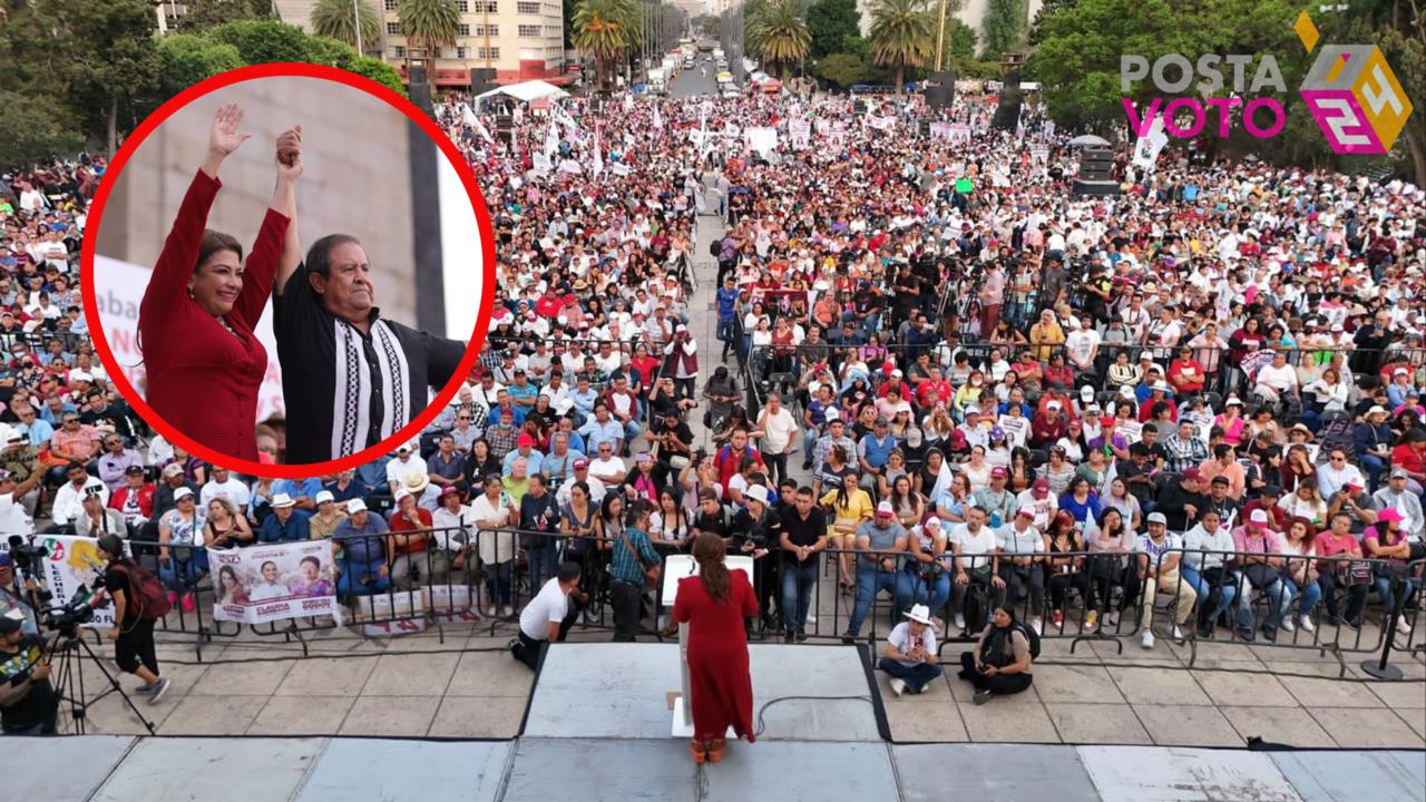 Clara Brugada con diferentes organizaciones sindicales en el Monumento a la Revolución. Foto: @ClaraBrugadaM