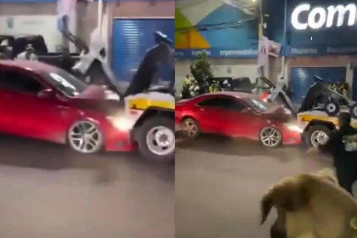 Una persona que iba a bordo de un carro con vidrios polarizados y sin placas, impacto contra una grúa al intentar huir. Foto: Captura de pantalla