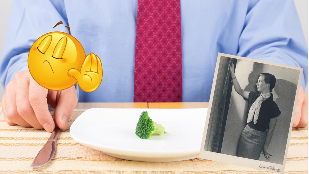 Una persona a punto de comer una porción extremadamente reducida de comida, en representación de las dietas extremas, aunado a ello una imagen de Mary Evans Young / Foto: CANVA