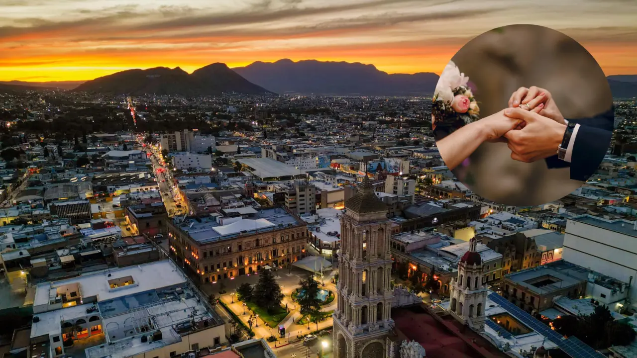 Vista aérea de la ciudad de Saltillo e imagen de una pareja de novios en su boda / Foto: Manolo Jiménez Salinas