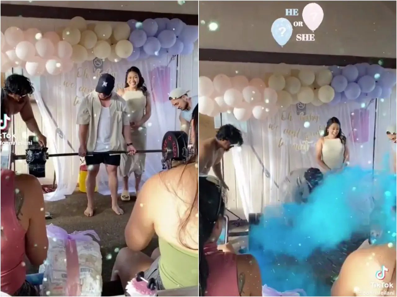 La pareja decidió hacer la revelación utilizando unas pesas de gimnasio, donde el futuro papá dejó caer el equipo pesado y liberó humo de color azul. Foto: Tiktok.