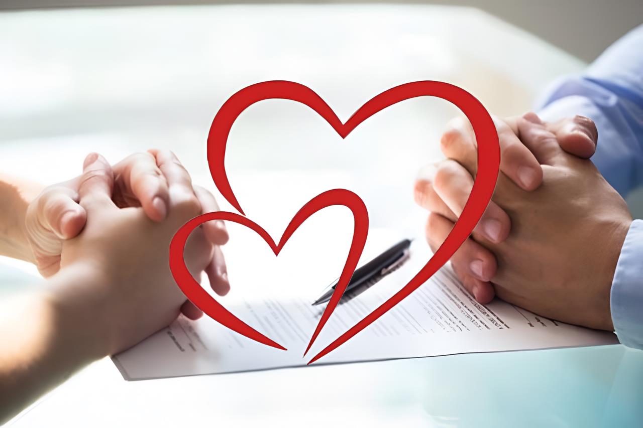 Personas con un documento en medio de ellas y corazones. Foto: Especial