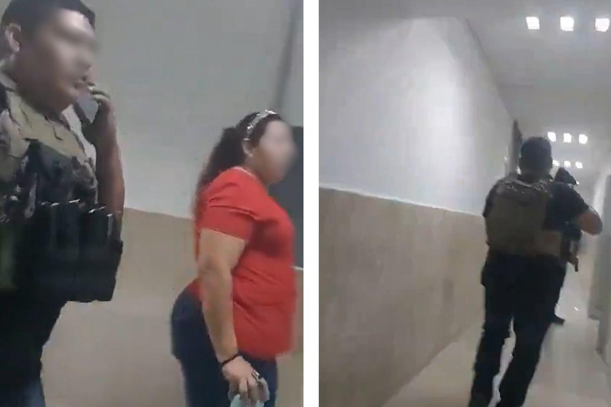 Un policía y una mujer caminan por la clínica del IMSS en Tamaulipas. Foto: Captura de video X @inforportalnews