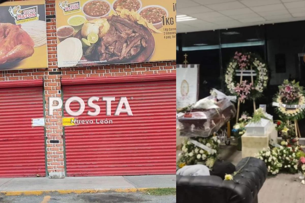 Sucursal Pollo Matón clausurada y ataúdes de niños. Fotos tomadas de: POSTA y X @vozmichoacan