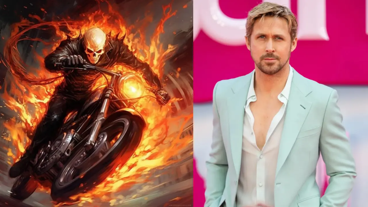 Ghost Rider montando su motocicleta y Ryan Gosling en una premiere de una cinta / Foto: Pinterest