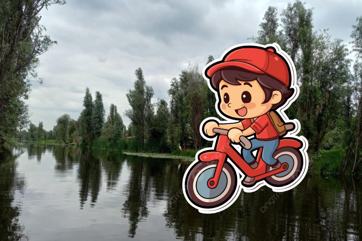 Humedales de Xochimilco y una ilustración de un niño en bicicleta. Foto: Especial