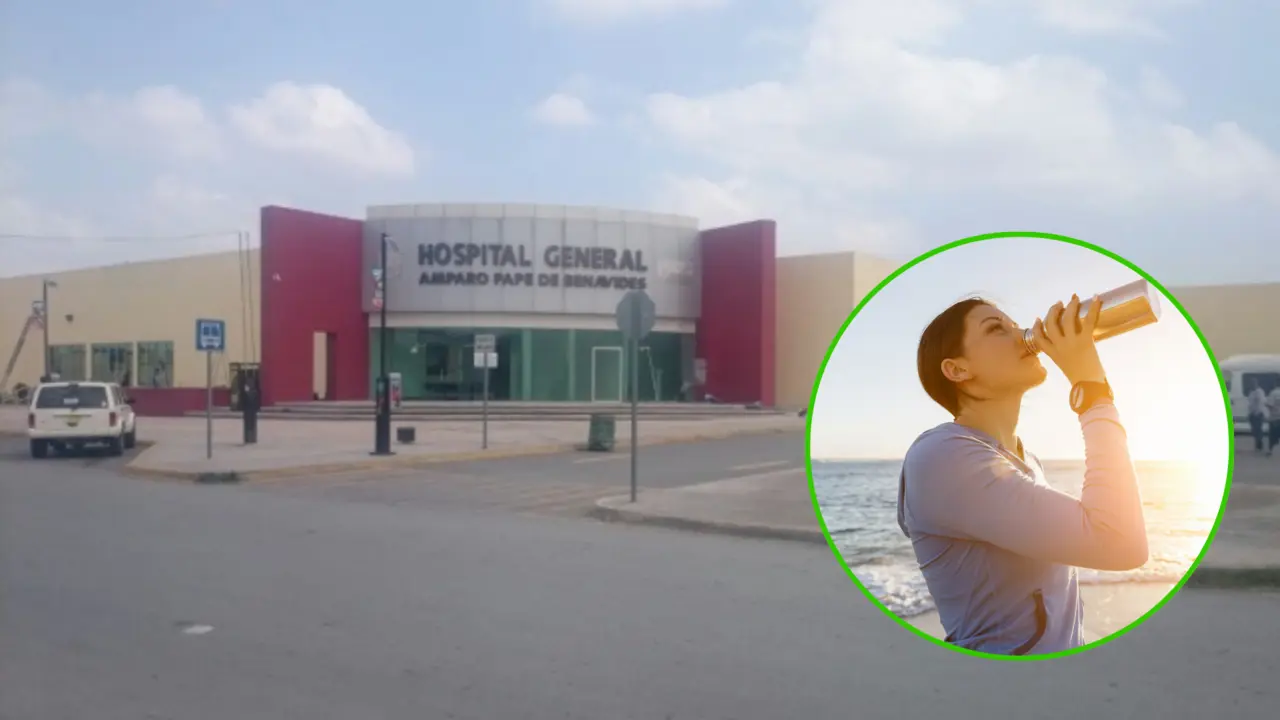 Hospital Amparo Pape de Benavides en Monclova, Coahuila e imagen de una persona hidratándose / Foto: Gobierno de Coahuila