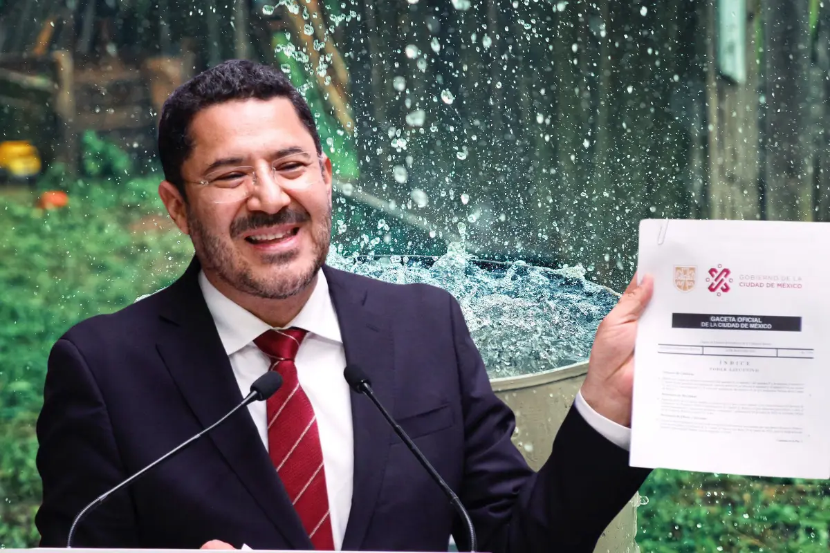 Martí Batres, de fondo recolección de agua de lluvia. Foto: Gobierno CDMX/ Canva