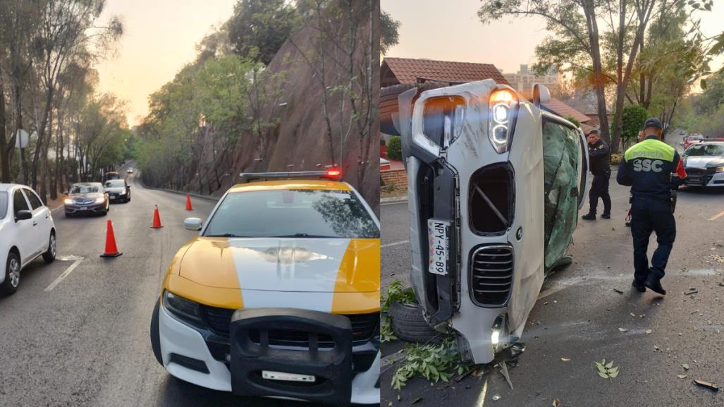 Camioneta de lujo termina volcada en Cuajimalpa, conductor la abandona