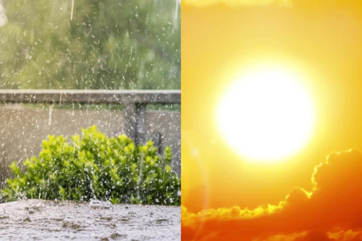 Lluvia fuerte cayendo sobre un balcón y un sol por arriba de las nubes, en tonos anaranjados. Foto: Especial