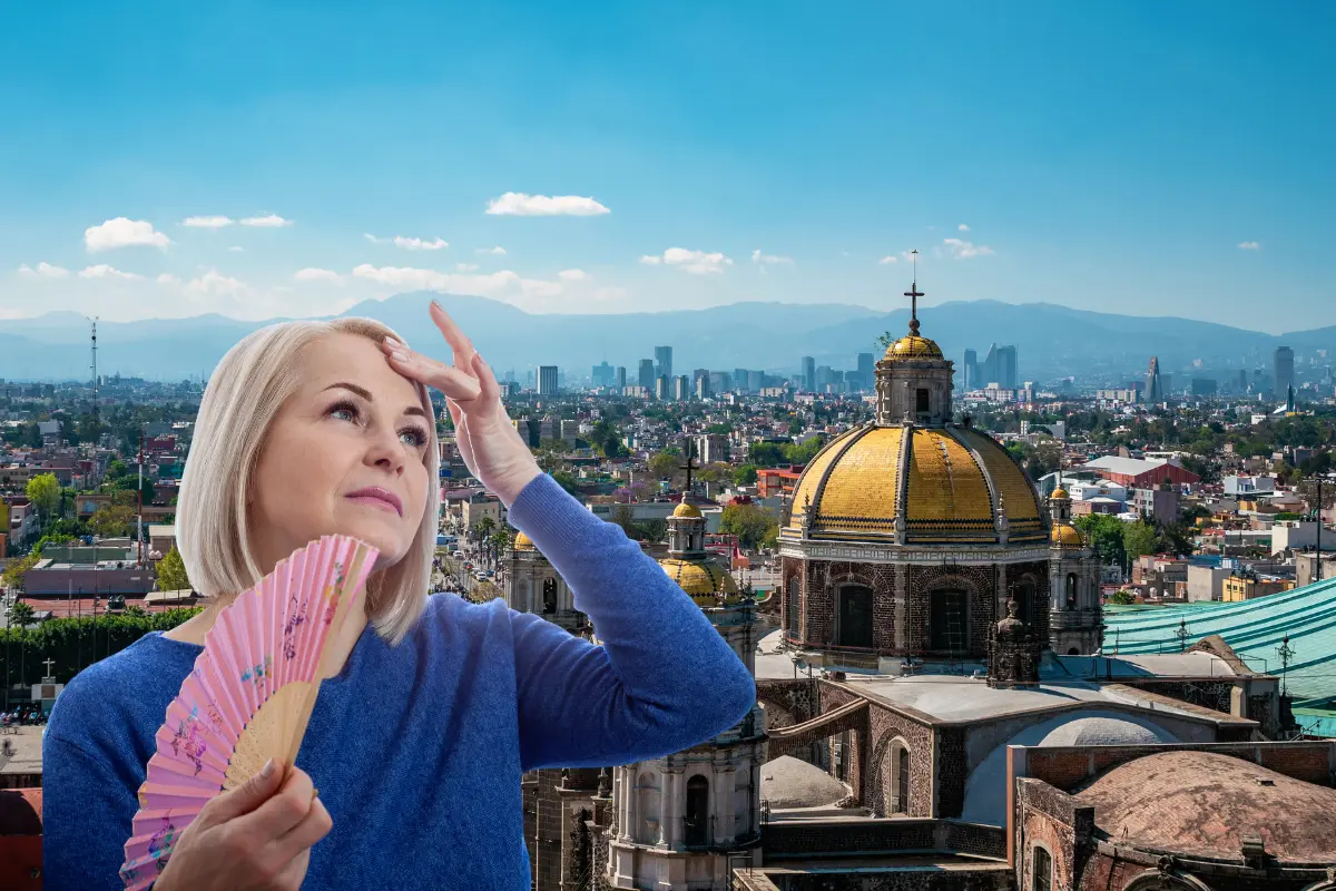 Persona con calor, de fondo la Ciudad de México. Foto: Canva