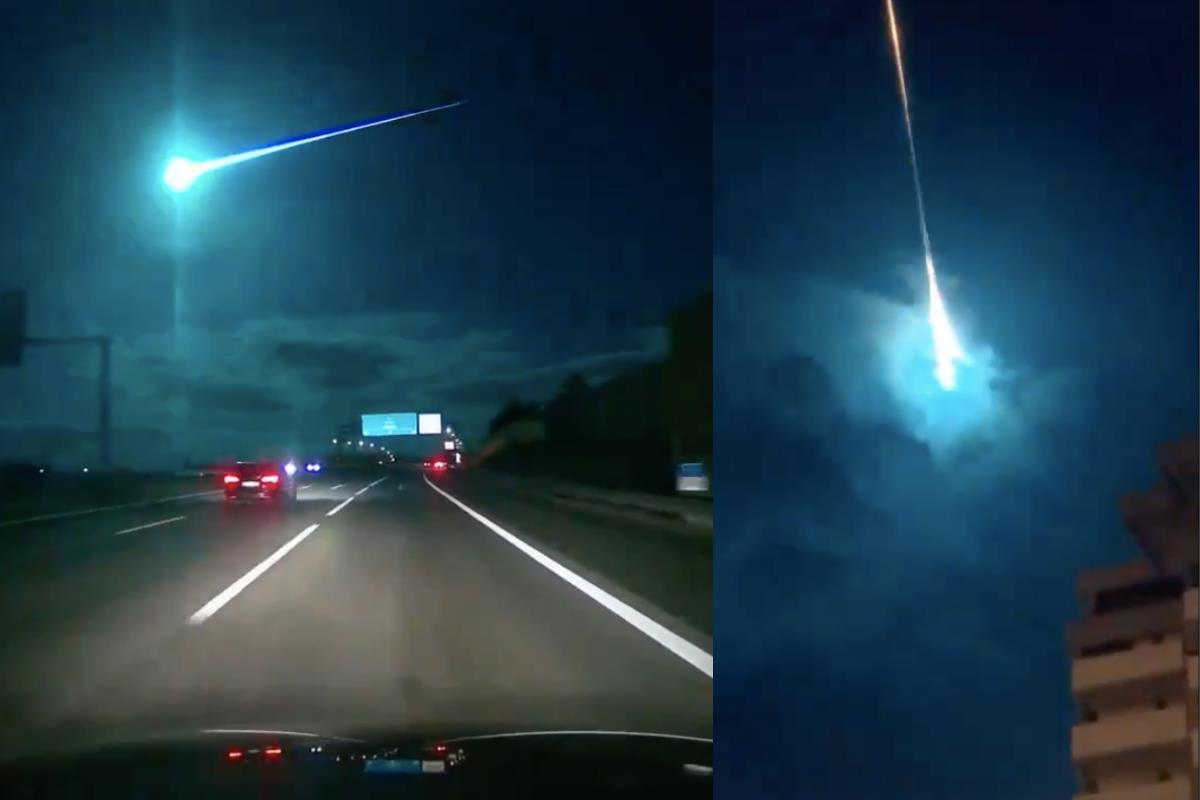 Meteorito siendo captado desde la cámara de un coche en una carretera de Portugal y la perspectiva del mismo meteorito desde abajo. Captura de pantalla/X