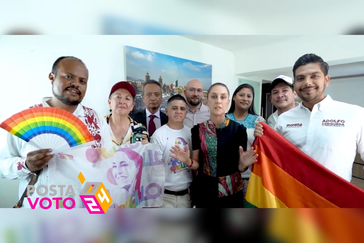 La candidata a la Presidencia, Claudia Sheinbaum, acompañada por candidatos de la comunidad LGBTIQ . Foto: Redes sociales