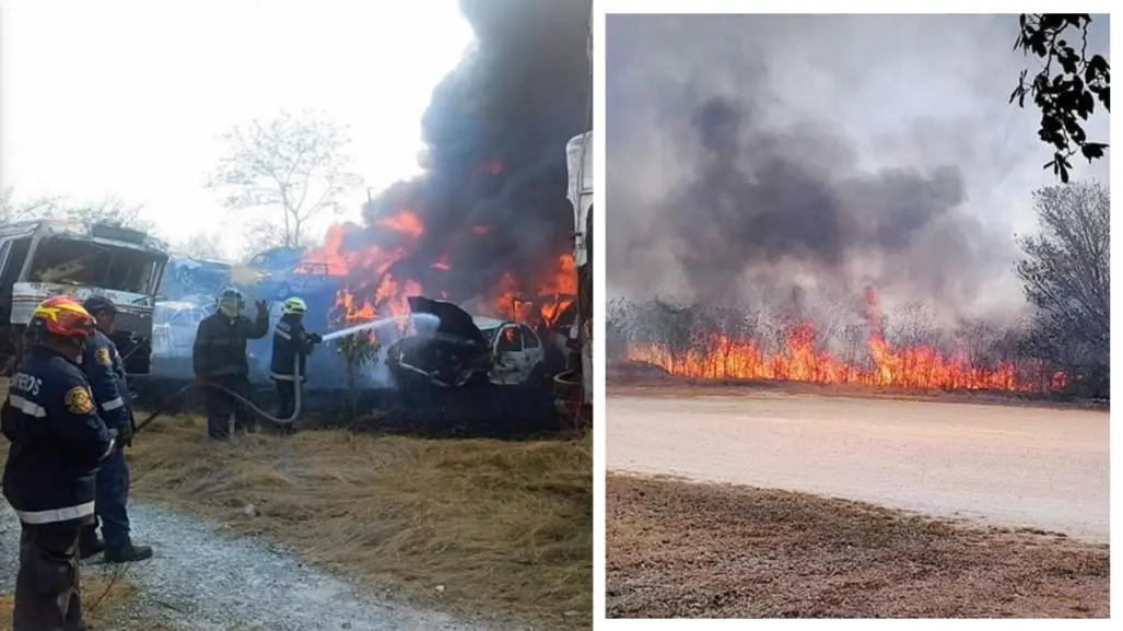 Incendio en corralón de Kanasín consume 46 vehículos en la vía Mérida-Chetumal