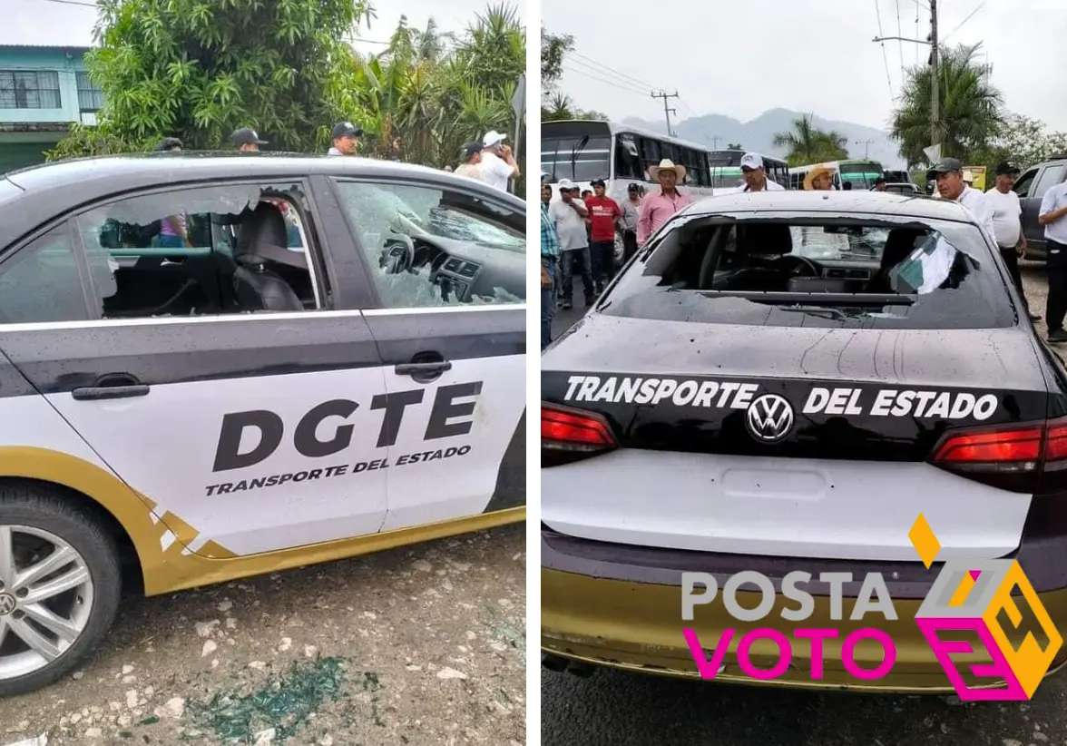 Detienen elementos de transporte público a simpatizantes de Pepe Yunes en carretera; estos respondieron quebrando cristales de las patrullas. Foto: Especial