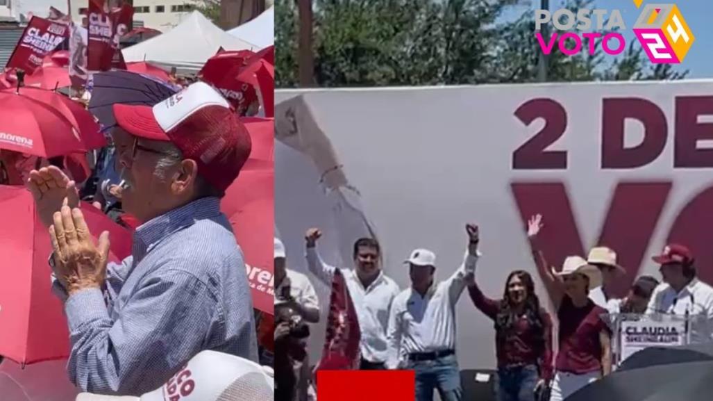 Señor de la tercera edad, reza y aplaude a Claudia Sheinbaum en Chihuahua