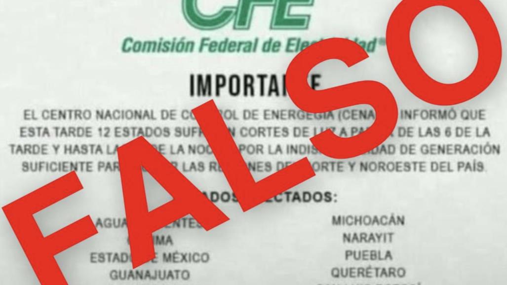 Alerta CFE por noticias falsas de apagones en varios estados