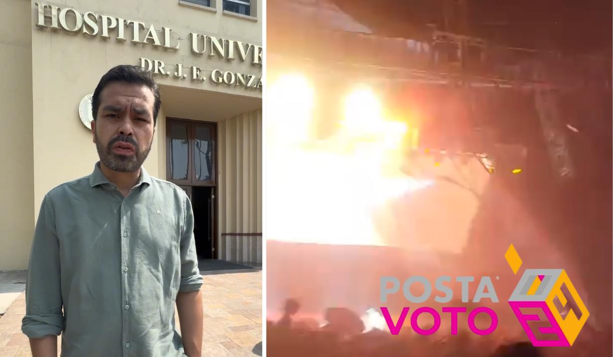 El candidato de Movimiento Ciudadano, Jorge Álvarez Máynez, informó desde el Hospital Universitario de Monterrey sobre la condición de los heridos del accidente en San Pedro Garza García. Foto: Especial